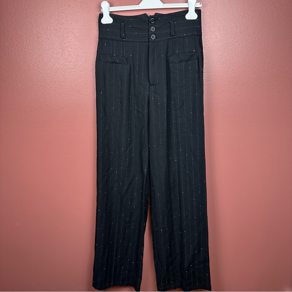 Nanette Lepore Black Pinstripe Wide-Leg Trousers